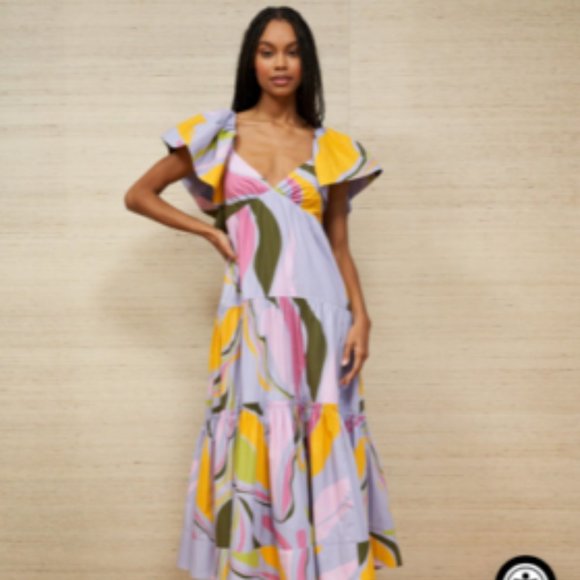 La Ligne Midi Dress Lavender Print Stella Ruffle Sleeve Cotton Size XS - Picture 6 of 8